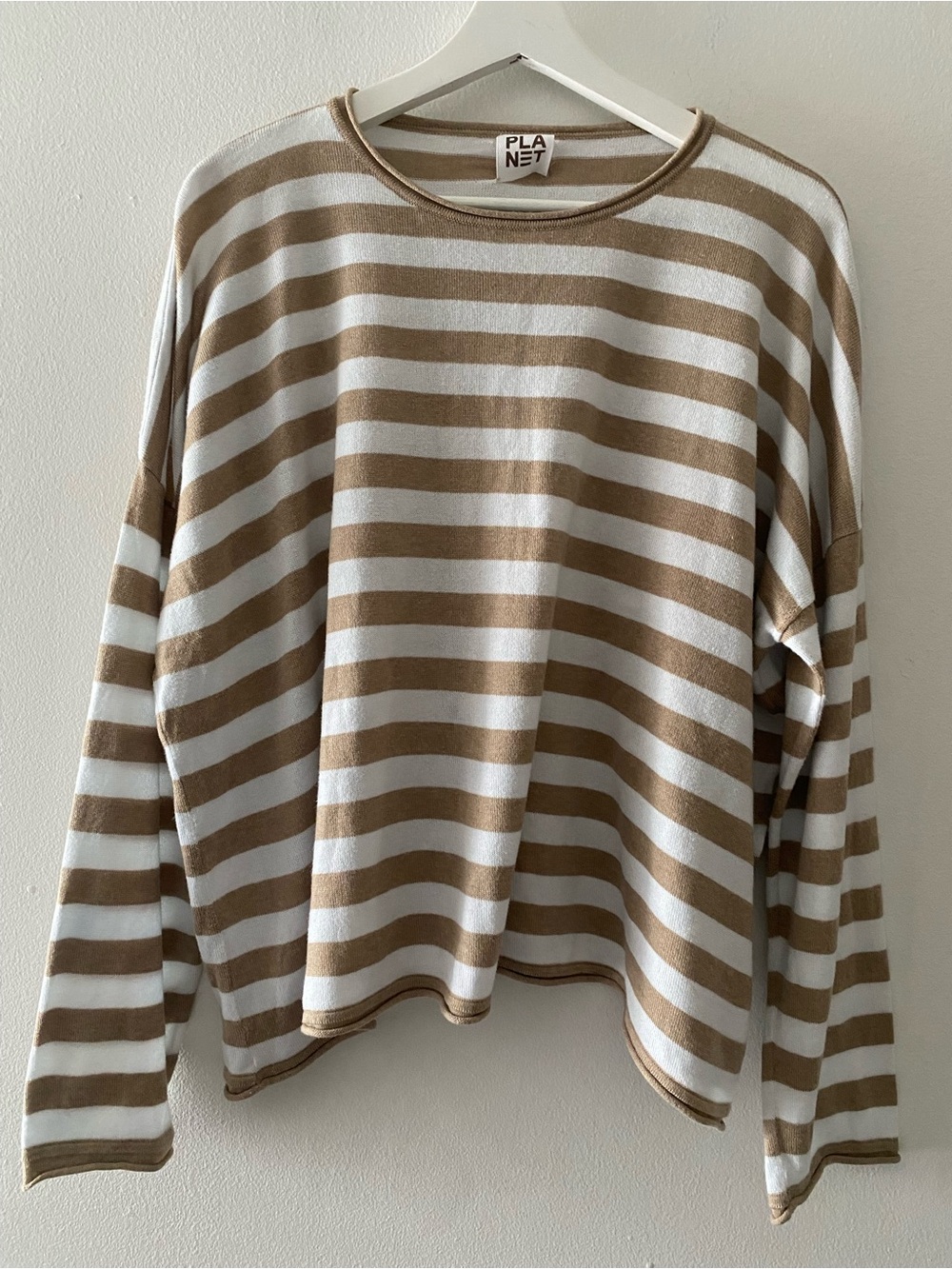 Planet One Size Lightweight Pullover Sweater White Brown Striped